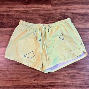 Nike Dri Fit  4" Inseam Running Lined Shorts Yellow Drawstring Womens Sz LG FLAW